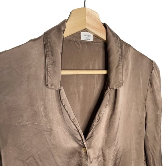 Wilfred Aritzia Gold Shimmer Tan Button Up Top Blouse Tie Cognac 2XS Cupro - Picture 9 of 16